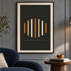 May include: A framed wall art print featuring a dark charcoal background with a central graphic of seven vertical bars in varying heights and colors, including orange, yellow, and white, framed by two thin horizontal lines above and below.