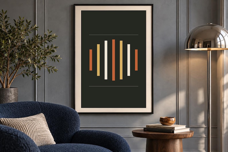 May include: A framed wall art print featuring a dark charcoal background with a central graphic of seven vertical bars in varying heights and colors, including orange, yellow, and white, framed by two thin horizontal lines above and below.