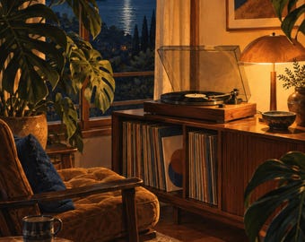 May include: A wooden record player sits on a media console filled with vinyl records, next to a lamp and a bowl. A brown velvet armchair with a blue pillow is positioned nearby, with a large monstera plant and a small side table with a mug.