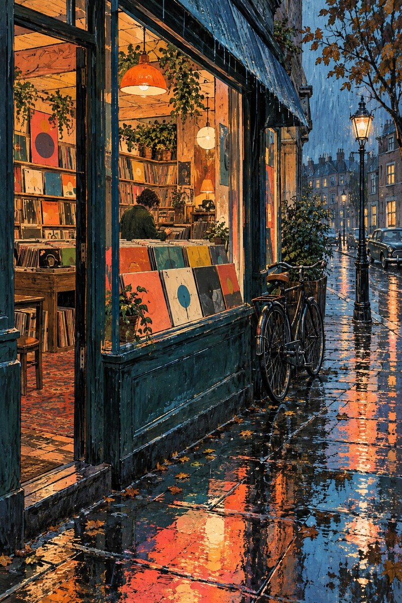 May include: A record store storefront at night during rain, featuring a large display window filled with colourful vinyl record covers, a bicycle parked outside, and a warm interior glow illuminating the street and wet pavement.