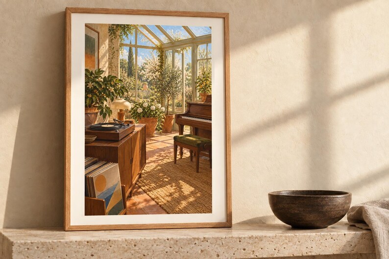 Pode incluir: Uma impress&atilde;o de arte emoldurada retratando o interior de uma estufa ensolarada com um console de toca-discos de madeira, uma cole&ccedil;&atilde;o de discos de vinil, um piano com banco verde, plantas em vasos e grandes janelas voltadas para um jardim.