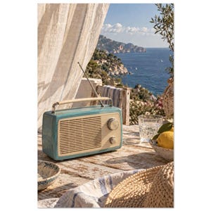 Retro Radio Coastal Art Print, Turquoise Seaside Wall Art - Coastal FM 30 × 45 cm / 12 × 18 in