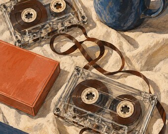 May include: Two clear plastic cassette tapes with exposed brown magnetic tape, a blue ceramic mug filled with dark coffee, a solid orange rectangular case, and a corner of a blue and yellow square object on a textured off-white surface.