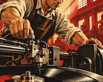 May include: A person wearing a light-colored shirt and a dark apron operates a mechanical device that is cutting grooves into a large, circular black vinyl record. The scene is set in a factory with red walls and large windows.
