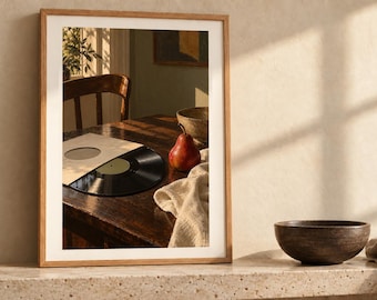 May include: A framed wall art print featuring a photograph of a dark wooden table with a black vinyl record in a sleeve, a red pear, a textured cloth, and a wooden bowl, all illuminated by warm sunlight casting long shadows across the scene.