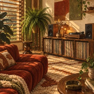 May include: A living room featuring a rust-coloured tufted sofa with a textured throw blanket, a wooden coffee table with a green ceramic bowl, and a media console filled with vinyl records, speakers, a turntable, and a lamp.