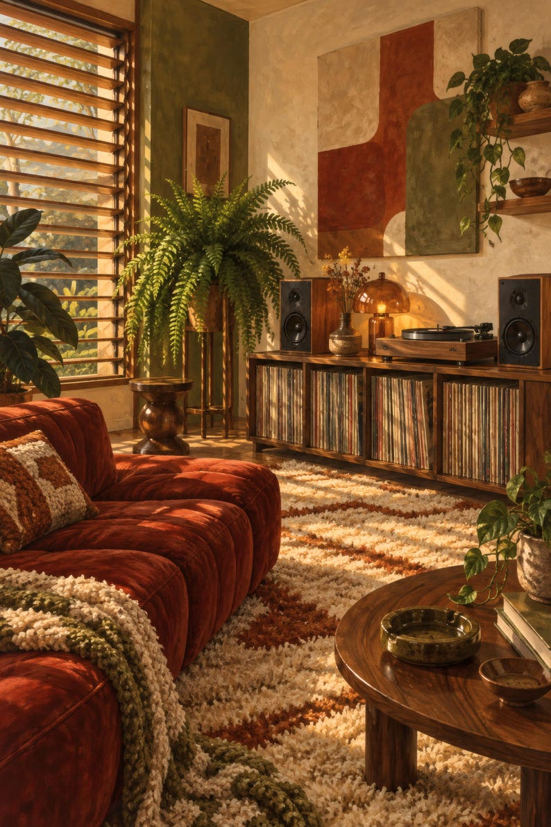 May include: A living room featuring a rust-coloured tufted sofa with a textured throw blanket, a wooden coffee table with a green ceramic bowl, and a media console filled with vinyl records, speakers, a turntable, and a lamp.