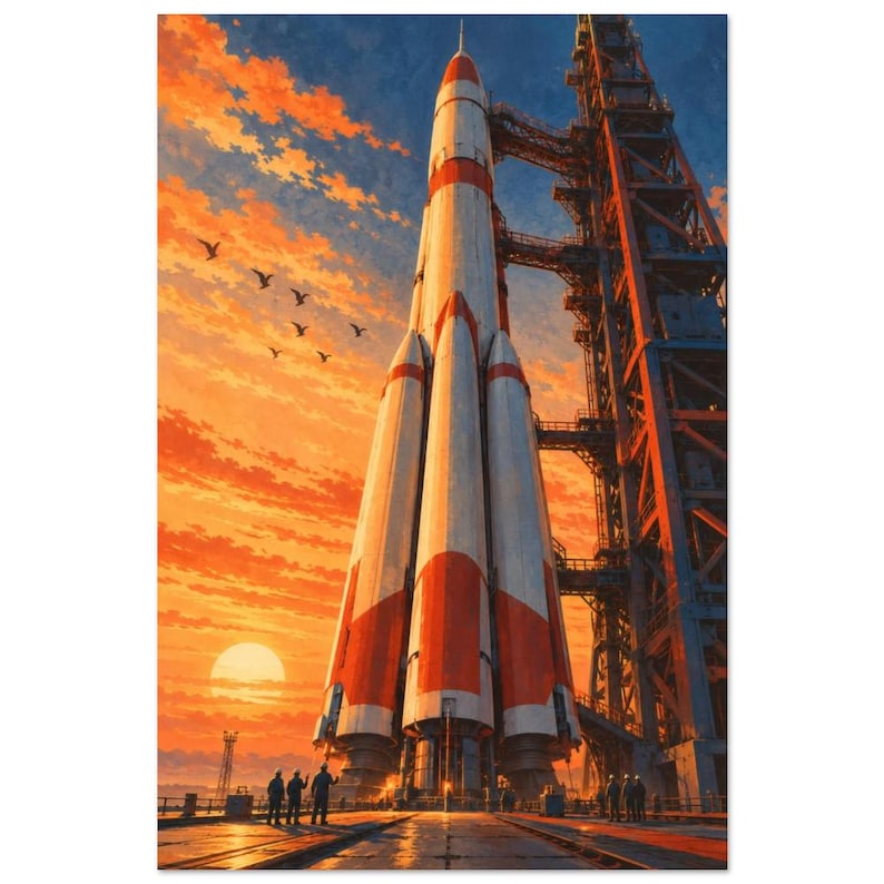 Rocket at Dawn Art Print, Retro Space Launch Poster image 2