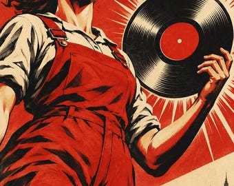 May include: A poster illustration featuring a person with wavy hair wearing red overalls and a white shirt, holding a black vinyl record. The background displays a red sunburst pattern and a city skyline at the bottom in a graphic art style.