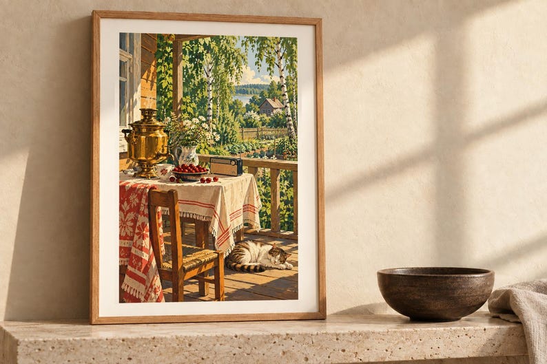 May include: A framed art print depicting a sunlit wooden porch with a table covered by a white and red patterned tablecloth. On the table sits a brass samovar, a bowl of red cherries, a vase of white flowers, and a radio. A cat sleeps on the floor.