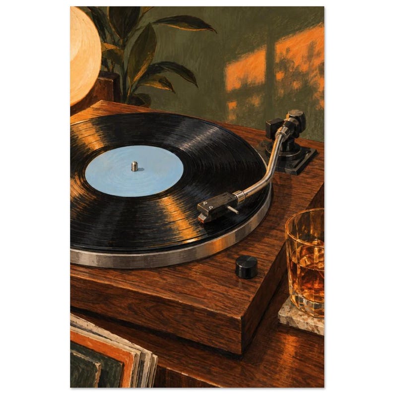 Walnut Turntable Art Print, Three Speed Evening image 3