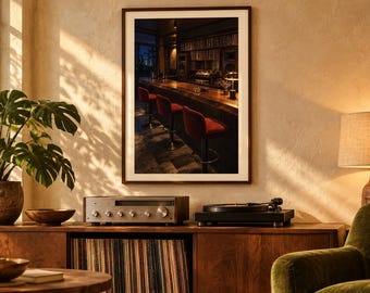 May include: A framed wall art print depicting a dimly lit bar interior with a long wooden counter and several red upholstered bar stools. The artwork is displayed in a room featuring a wooden media console, a turntable, a receiver, and a green plant.