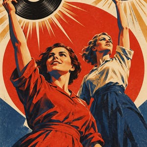 May include: A poster illustration featuring two figures holding black vinyl records high above their heads against a large red sun background with radiating light beams. One figure wears a red dress, and the other wears a white shirt and blue skirt.