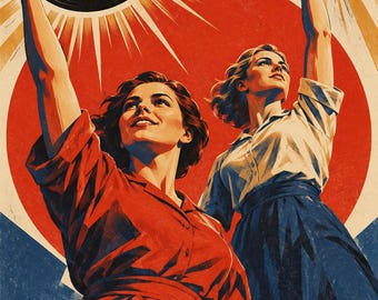 May include: A poster illustration featuring two figures holding black vinyl records high above their heads against a large red sun background with radiating light beams. One figure wears a red dress, and the other wears a white shirt and blue skirt.