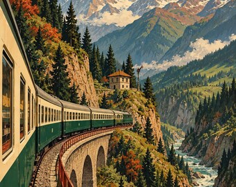 May include: A green and cream passenger train travels along a stone viaduct with a red railing. The scene features a deep valley with a flowing river, dense evergreen forests, and towering snow-capped mountains under a blue sky.