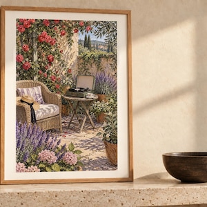 May include: A framed wall art print depicting a sunlit patio scene with a wicker chair, a small round table holding a record player, vibrant pink climbing roses, purple lavender, and potted plants against a stone wall backdrop.