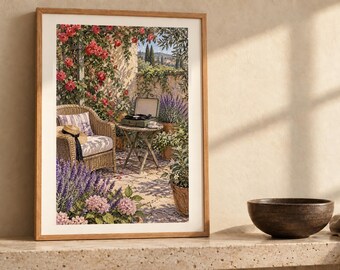 May include: A framed wall art print depicting a sunlit patio scene with a wicker chair, a small round table holding a record player, vibrant pink climbing roses, purple lavender, and potted plants against a stone wall backdrop.