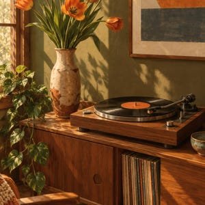 Puede incluir: Un tocadiscos de madera se encuentra sobre un mueble multimedia de madera junto a un jarr&oacute;n de cer&aacute;mica lleno de tulipanes naranjas. El mueble cuenta con un compartimento que contiene una colecci&oacute;n de discos de vinilo en fila.