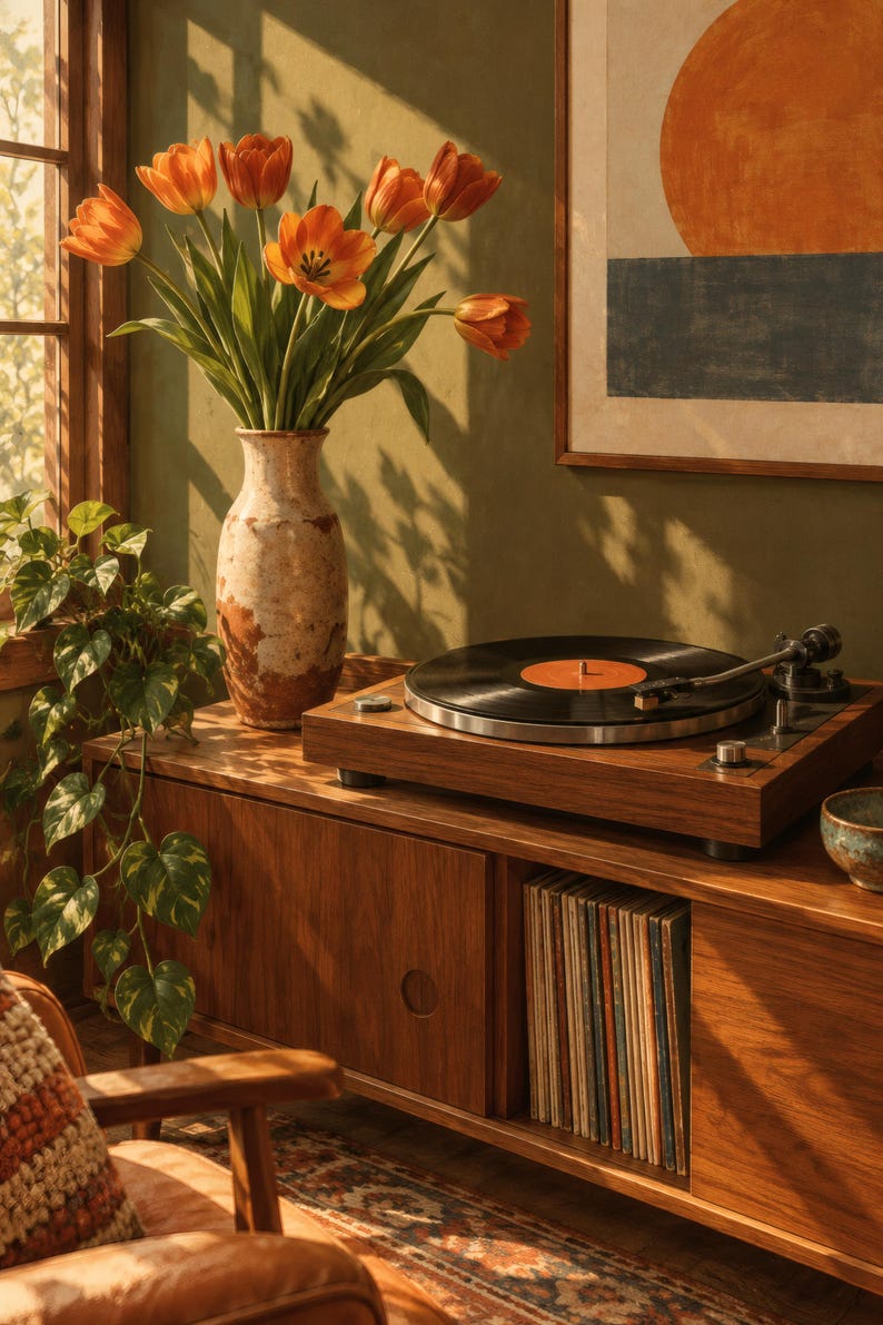 Puede incluir: Un tocadiscos de madera se encuentra sobre un mueble multimedia de madera junto a un jarr&oacute;n de cer&aacute;mica lleno de tulipanes naranjas. El mueble cuenta con un compartimento que contiene una colecci&oacute;n de discos de vinilo en fila.