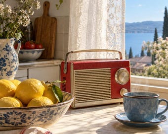 Könnte beinhalten: Ein rotes und cremefarbenes tragbares Radio mit Tragegriff, platziert auf einem Tisch neben einer Schale mit gelben Zitronen, einer blauen Keramiktasse mit Untertasse und einem weißen Spitzengardinen vor einem See und Bergen.