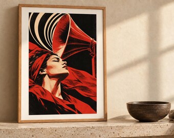 May include: A framed art print featuring a stylized illustration of a person with eyes closed, draped in red fabric, positioned beneath a large red gramophone horn. The background is black with white circular sound waves emanating from the horn.