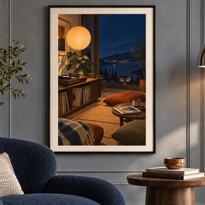 May include: A framed wall art print depicting an interior living space at night with a glowing paper lantern, a record player on a wooden console, a coffee table, and a view of a coastal landscape through a large window at dusk.