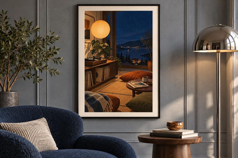 May include: A framed wall art print depicting an interior living space at night with a glowing paper lantern, a record player on a wooden console, a coffee table, and a view of a coastal landscape through a large window at dusk.