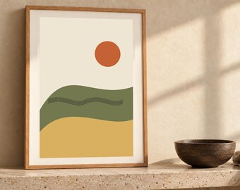 May include: A framed wall art print featuring a cream background with a solid orange circle at the top, a wavy olive green horizontal band in the center with thin black line details, and a solid yellow horizontal band at the bottom.