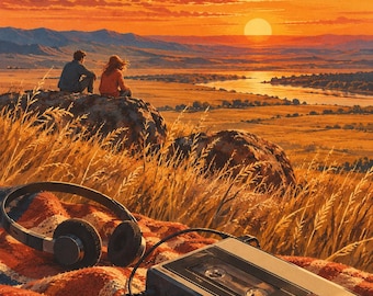 May include: A portable cassette player with black wired headphones resting on a red, orange, and blue patterned blanket. The scene features a landscape with two people sitting on a rock overlooking a river at sunset with golden clouds.