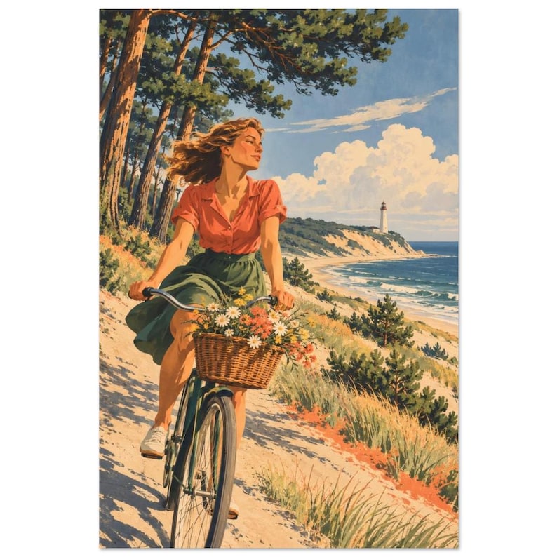 Baltic Bicycle Art Print, 1970s Coastal Cycling Poster image 2