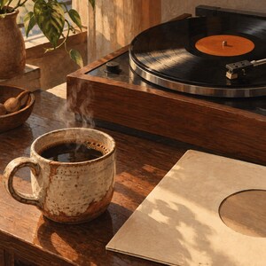 May include: A steaming mug of dark coffee sits on a wooden surface next to a vinyl record player and a blank record sleeve. A potted plant in a ceramic vase and a small wooden bowl are visible nearby, with a collection of records stored below.