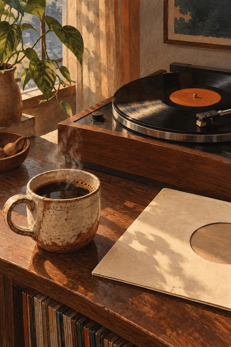May include: A steaming mug of dark coffee sits on a wooden surface next to a vinyl record player and a blank record sleeve. A potted plant in a ceramic vase and a small wooden bowl are visible nearby, with a collection of records stored below.