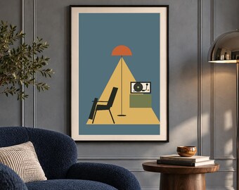 May include: A framed wall art print featuring a blue background with a yellow triangular floor area. The illustration depicts a black chair, a tall floor lamp with an orange shade, and a record player on a green cabinet within the yellow space.
