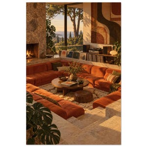 1970s Sunken Lounge Art Print, Terracotta Upholstery, Hi-Fi System (Unframed) image 3