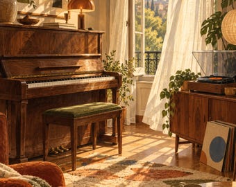 May include: A sunlit room featuring a dark wood upright piano with a green upholstered bench, a record player on a wooden cabinet, a patterned area rug, an orange armchair with a throw blanket, and a round coffee table with a ceramic mug.