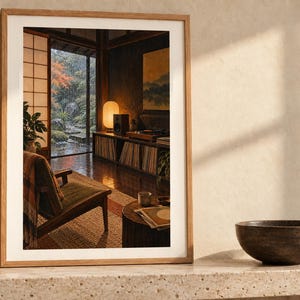 May include: A framed wall art print depicting an interior room with a wooden chair, a record player on a shelf, a glowing lamp, and a view of a rainy garden through a sliding door. The artwork is displayed on a textured surface next to a dark bowl.
