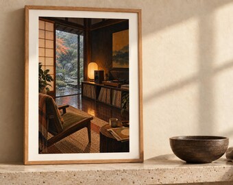 May include: A framed wall art print depicting an interior room with a wooden chair, a record player on a shelf, a glowing lamp, and a view of a rainy garden through a sliding door. The artwork is displayed on a textured surface next to a dark bowl.