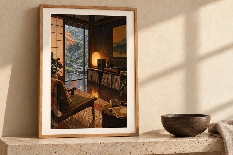 Pu&ograve; includere: Una stampa artistica incorniciata che raffigura un interno con una sedia in legno, un giradischi su uno scaffale, una lampada accesa e la vista su un giardino piovoso. L'opera &egrave; appoggiata su una superficie ruvida accanto a una ciotola scura.