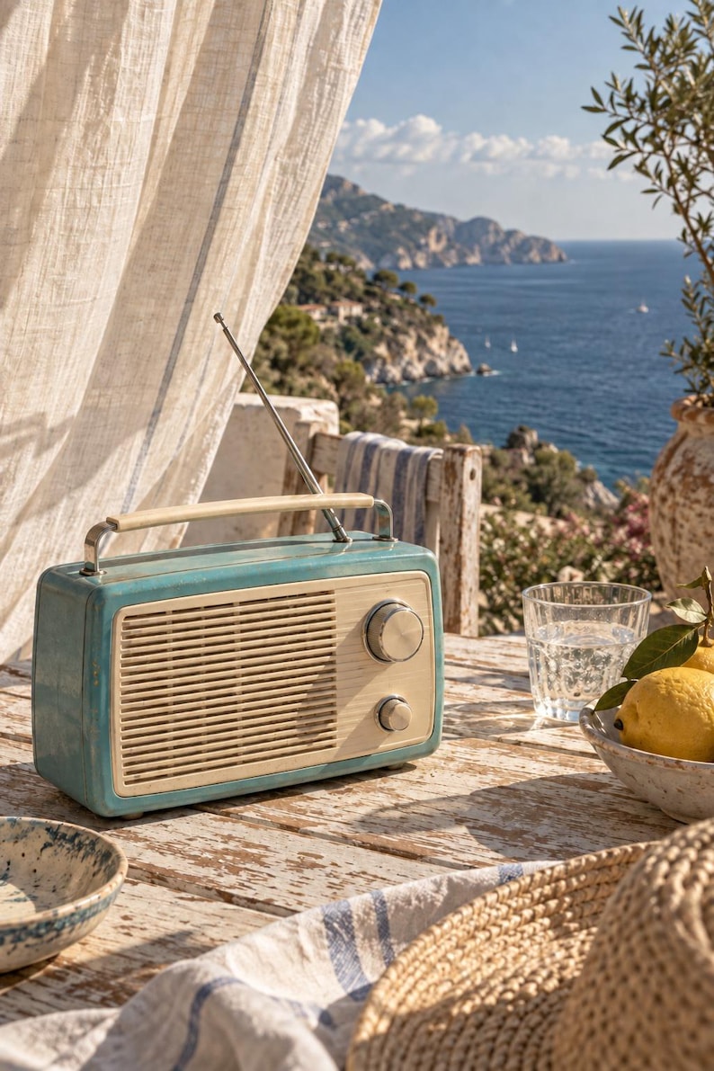 May include: A rectangular portable radio with a teal blue casing and a cream-colored front panel featuring a horizontal speaker grille and two circular control knobs. The device includes a top carrying handle and a thin metal antenna.