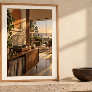 May include: A framed wall art print featuring a sunlit interior scene with a wooden record console, a turntable, a potted plant, and a view of a landscape through large windows. The print is displayed in a light wood frame on a stone surface.