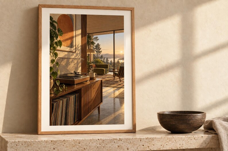 May include: A framed wall art print featuring a sunlit interior scene with a wooden record console, a turntable, a potted plant, and a view of a landscape through large windows. The print is displayed in a light wood frame on a stone surface.