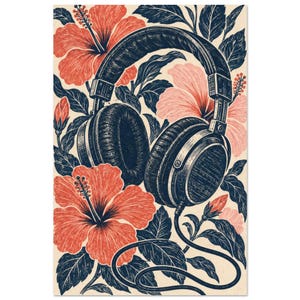 Vintage Headphones Hibiscus Art Print, Linocut Style, 1970s Music Illustration image 2