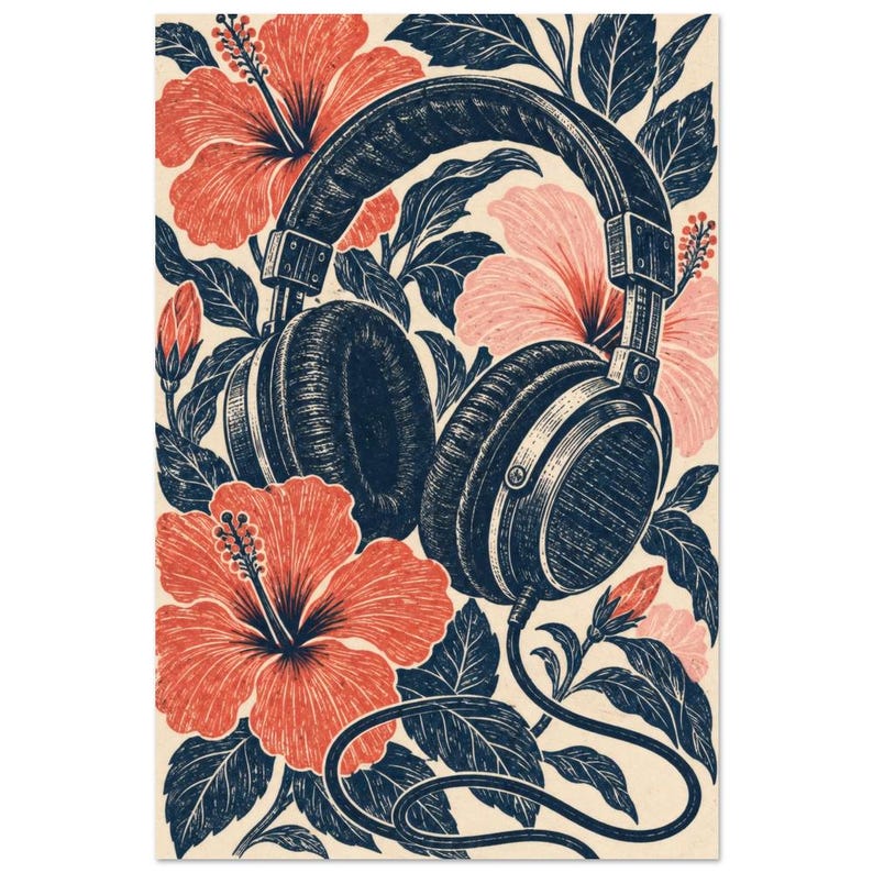 Vintage Headphones Hibiscus Art Print, Linocut Style, 1970s Music Illustration image 2
