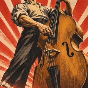 Puede incluir: Una ilustración de póster que muestra a una persona tocando un contrabajo grande. La persona viste una camisa clara y pantalones oscuros. El fondo muestra un patrón de rayos de sol rojos y blancos sobre un horizonte de ciudad industrial.