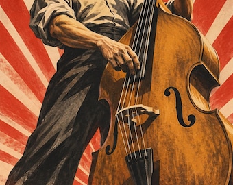 May include: A poster illustration featuring a person playing a large upright bass. The person wears a light-colored shirt and dark trousers. The background displays a red and white sunburst pattern above a dark industrial city skyline.