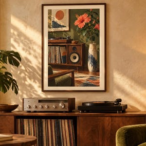 May include: A framed wall art print depicting a mid-century interior scene with a wooden record console, a tall vase containing a large pink hibiscus flower, and a framed abstract sun graphic hanging on a dark green wall.