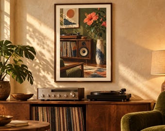 May include: A framed wall art print depicting a mid-century interior scene with a wooden record console, a tall vase containing a large pink hibiscus flower, and a framed abstract sun graphic hanging on a dark green wall.