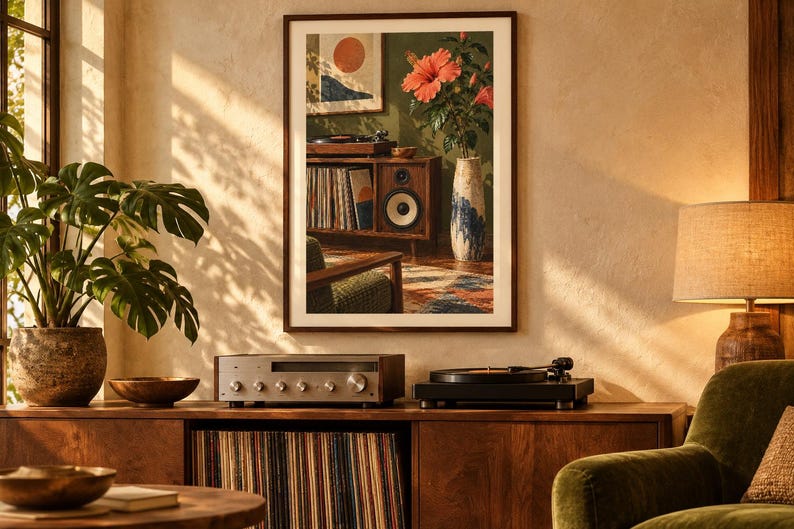 May include: A framed wall art print depicting a mid-century interior scene with a wooden record console, a tall vase containing a large pink hibiscus flower, and a framed abstract sun graphic hanging on a dark green wall.