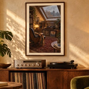 May include: A framed wall art print depicting an attic room with a record player, vinyl collection, and armchair. The print is displayed above a wooden media console featuring a silver receiver, a black turntable, and a vinyl record storage unit.