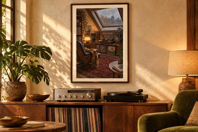 May include: A framed wall art print depicting an attic room with a record player, vinyl collection, and armchair. The print is displayed above a wooden media console featuring a silver receiver, a black turntable, and a vinyl record storage unit.